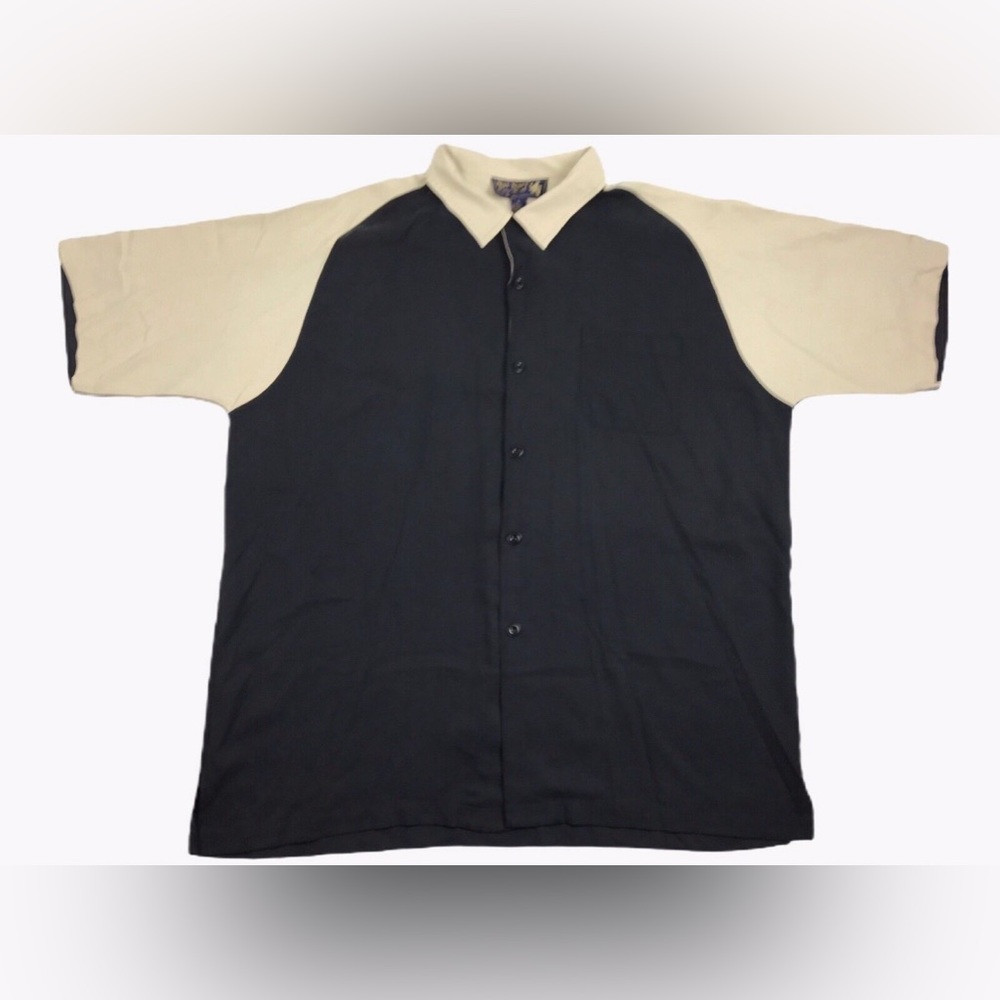 Nat Nast men’s black beige  silk button down short sleeve shirt L L117-20